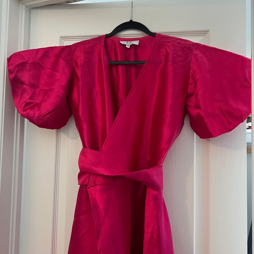Vibrant Pink Puff Sleeve Wrap Midi Dress